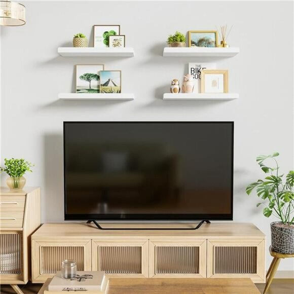 White Floating Wall Shelves Set of 4 Wood Hanging Display Shelf 15 Inch - Picture 4 of 7